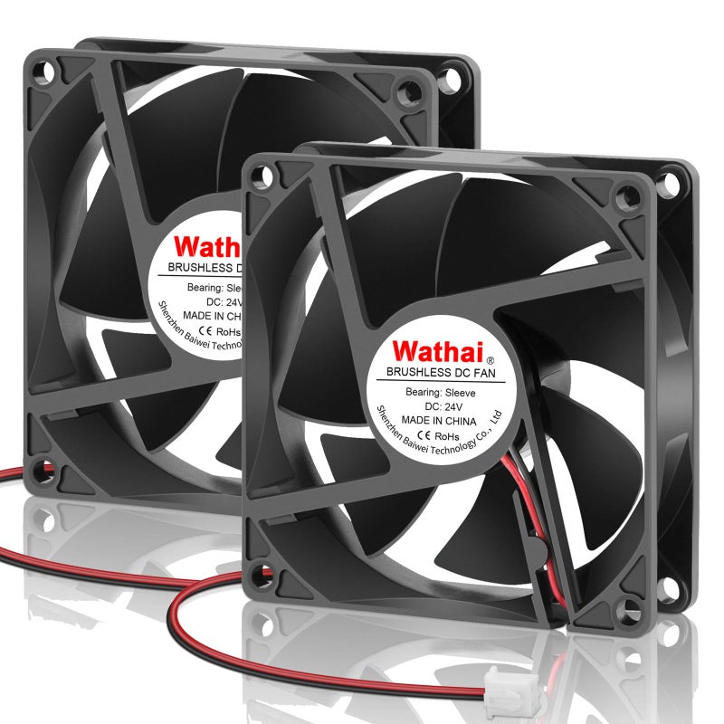 Wathai 80mm 24V DC Cooling Fan 2Pin 24Volt 80mm x 25mm Brushless 3 Inch Fan High Speed for DIY Ventilation Exhaust Projects Cooling 2 Pack - Image 1